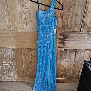 Blue One-Shoulder Sequin Gown